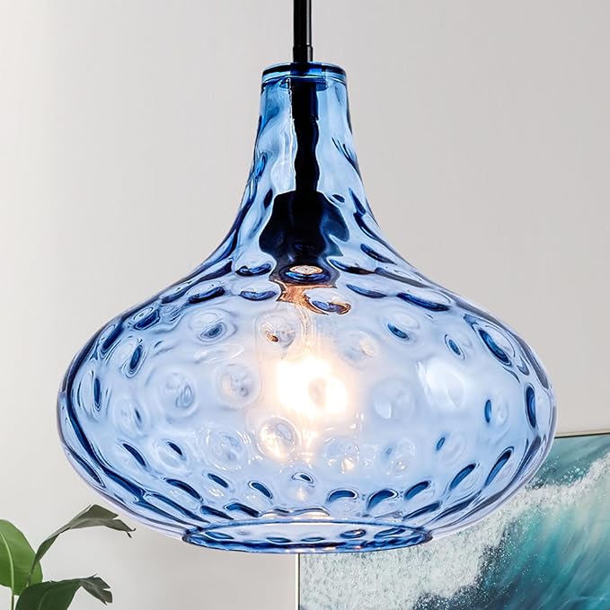 11" Hand-Blown Blue Glass Pendant Light, Modern Hammered Glass Hanging Light Fixture with Black Finish, Adjustable Ceiling Pendant Lighting for Kitchen Island, Dining Room, Living Room