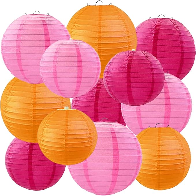 Pink Orange and Hot Pink Paper Lanterns 12Pcs Hanging Round Paper Lanterns Decorative for Graduation Baby Shower Wedding Birthday Family Parties ﻿