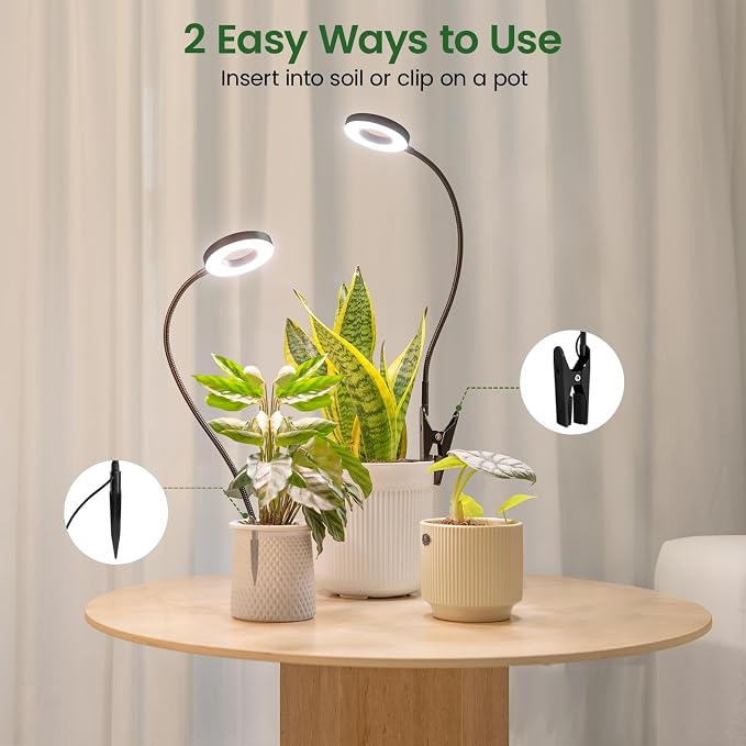 LORDEM Grow Lights for Indoor Plants, 2 in 1 Full Spectrum Plant Light with 360° Gooseneck, 48 LEDs, Auto Timer 6/8/12/16H, 3 Lighting Modes,5 Brightness Levels for Small Plants, 2Pack Black