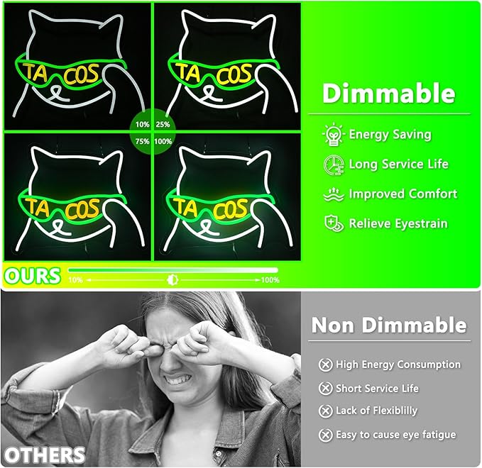 Tacos Sunglasses Cat Neon Sign, Anime Neon Signs for Wall Decor, Dimmable Led Signs for Bedroom, Cool Cat Light Up Signs for Mexican Restaurant Bar Beer Man Cave Party Decorations Gifts
