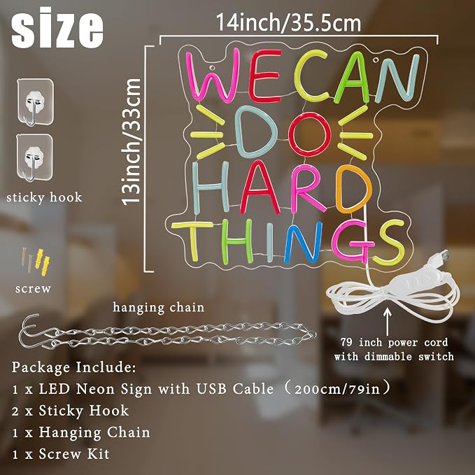 We Can Do Hard Things Neon Sign Inspirational Classroom Neon LED Light | Dimmable Kids Wall Art Neon Signs for Classroom Backdrop Library Office Bedroom Reading Room Birthday Party Decoration
