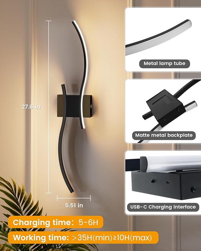 NIORSUN 39.4 Inch Battery Operated Wall Sconce Set of 2, Black Modern Rechargeable Wall Lights with Remote, 3CCT Dimmable Wireless Wall Lamp for Living Room Bedroom Hallway