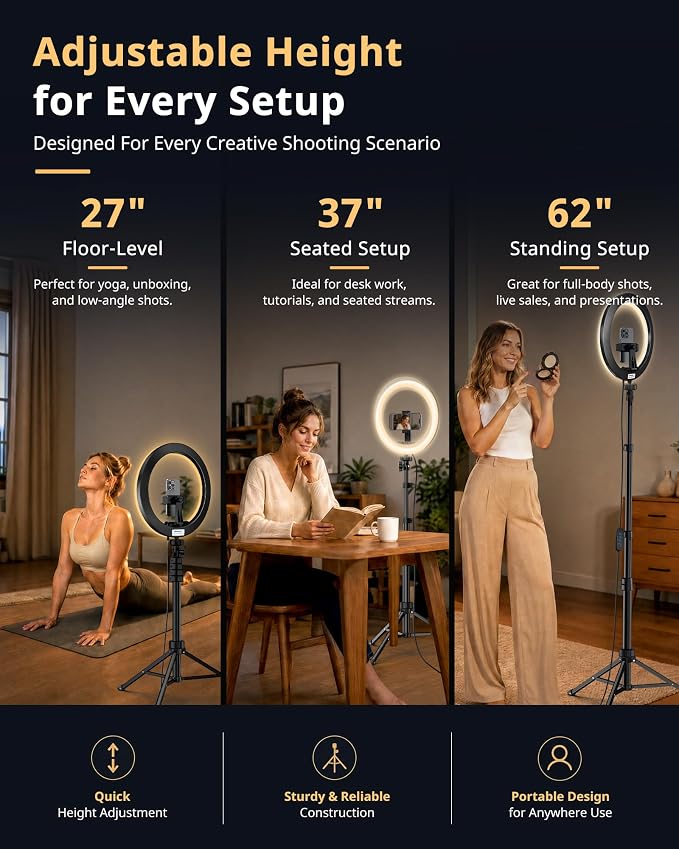 UBeesize 12" Ring Light with 62" Tripod Stand, Phone Holder & Remote | 3 Color Modes, 10 Brightness Levels, 180° Tilt, 360° Rotation, Cold Shoe, 1/4" Mount, Fits 2.2–3.5 in phones