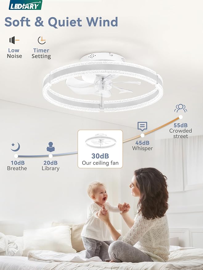LEDIARY 20'' Low Profile Ceiling Fans with Lights and Remote, White, 2 Pack | 3000-6000K Dimmable LED, 6 Wind Speeds, Quiet Reversible DC Motor, Small Flush Mount Fandelier for Bedroom, Living Room