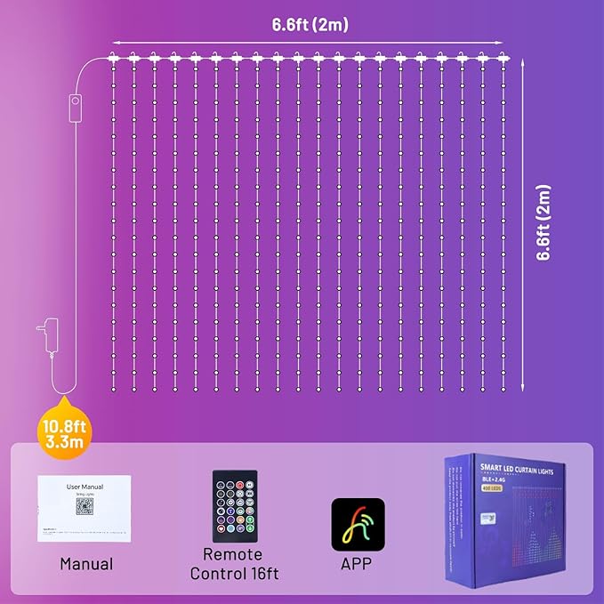 400 LED Smart Curtain Lights, Colorful Wall Backdrop Lights, Dynamic DIY Curtain Fairy Lights with APP & Remote Control for Bedroom Indoor Outdoor Christmas Halloween Party Decor (6.5 × 6.5 Ft )