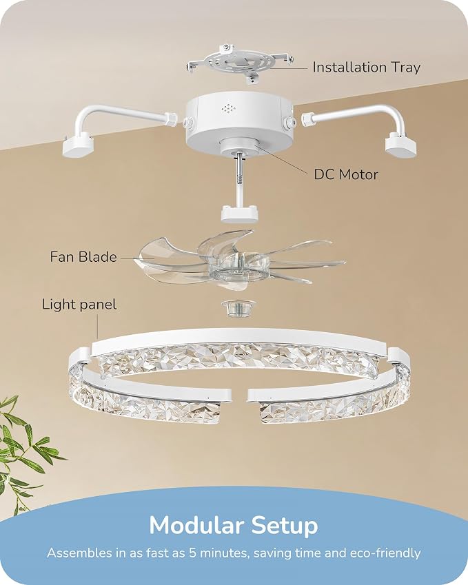 EDISHINE 20" Modern Ceiling Fans with Lights and Remote,3000-6000K Dimmable | Low Profile Flush Mount Fandelier, 6 Speeds, DC Motor, LED Modern Bladeless Fan Light for Bedroom, Living Room, White