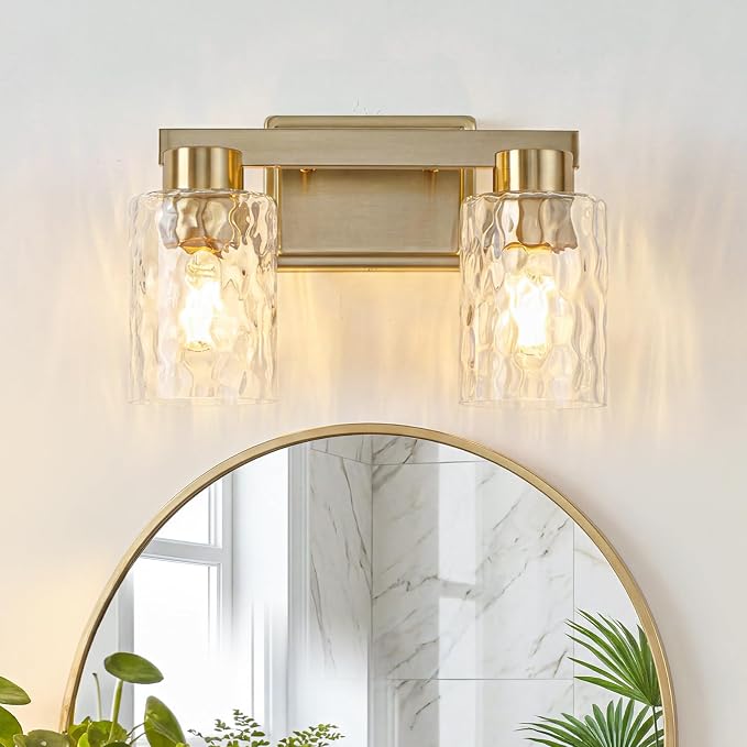 2-Light Bathroom Light Fixtures with Water Ripple Glass, Gold | Vanity Lights, Modern Wall Sconces, Over Mirror for Bathroom, Powder Room, Living Room