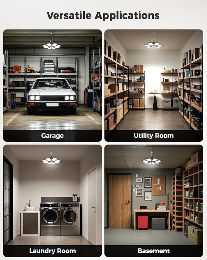 Plug in Garage Light 2 Pack, 25000LM Linkable LED Shop Light with 9.84ft Power Cord and Switch, 8 Foldable Panels, 6500K Work Lights for Garage, Workshop, Utility Room (Built-in Outlet)
