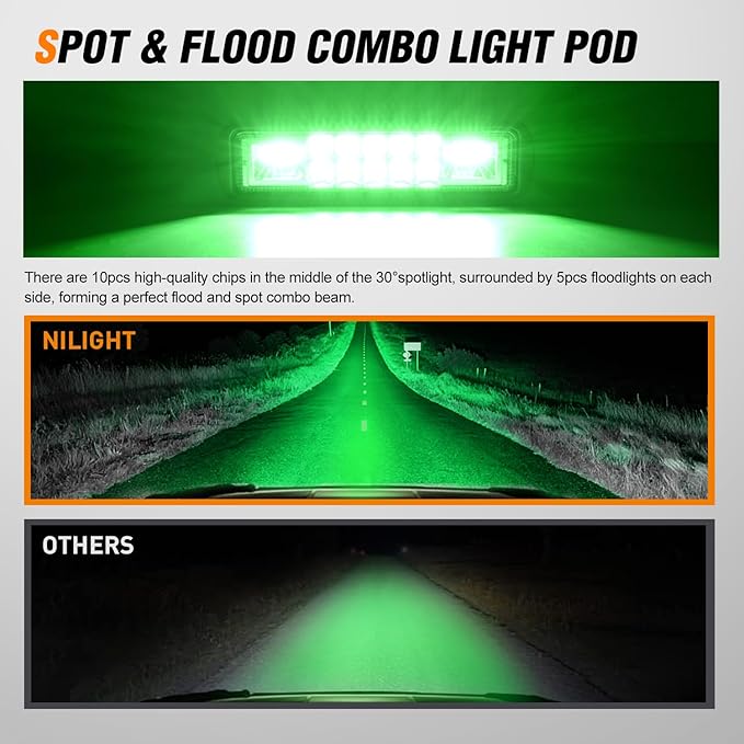 Nilight 6 Inch Green LED Light Pods 2 PCS 60W Flood Spot Combo Beam Off Road Driving Fog Fishing Hunting Emergency Safety Signal Trailer Lighting for 12V 24V ATV UTV Pickup Truck Tractor Boat
