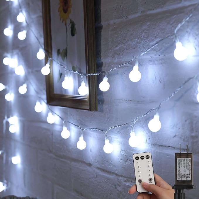 Minetom Globe String Lights, 66 Feet 200 Led Fairy Lights Plug in, 8 Modes with Remote Mini Globe Lights for Indoor Outdoor Bedroom Party Wedding Garden Christmas Tree Decor, Pure White