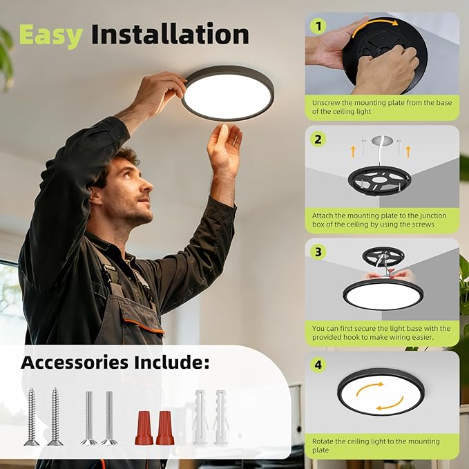 2PACK Flush Mount LED Ceiling Light Fixtures 5 Color Temperatures in One &100W Equivalent Flat Bathroom ceiling light,7Inch 15W Thin Round Black Surface Flushmount fixture for Closet,Bedroom,Kitchen