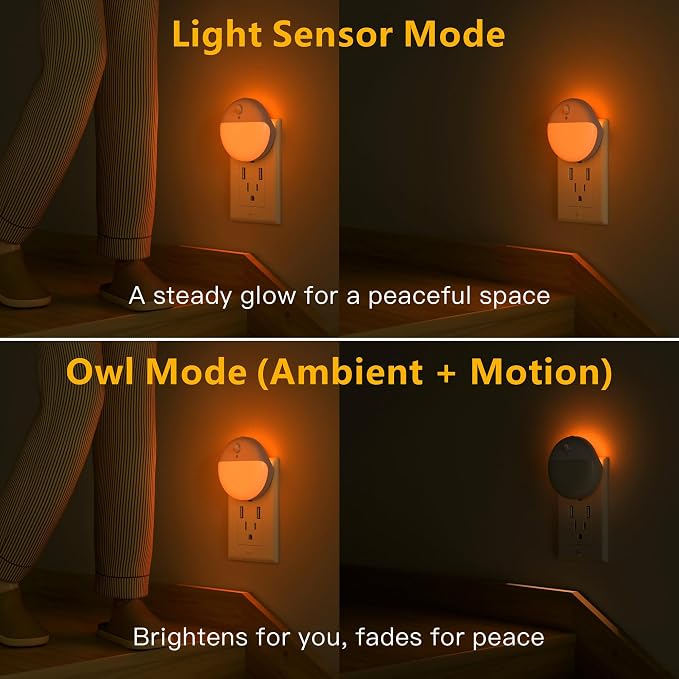 Amber Night Lights Plug into Wall, Motion Sensor Nightlight, 2 Pack | 3 Modes, Dimmable, Soft Glow 1-15lm, Auto Dusk to Dawn Sensor, Plug in LED Lights for Bedroom, Sleep, Bathroom, Nursery, Kids