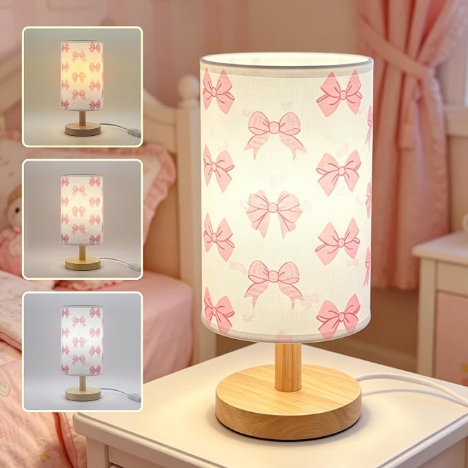 Pink Bow Bedside Table Lamp for Bedroom,Kids Room Decorative Lights 3 Colors LED Nightstand Night Light Lamps with Linen Lampshade Desk Lamp for Girls Boys Birthday Gifts for Home Living room Decor