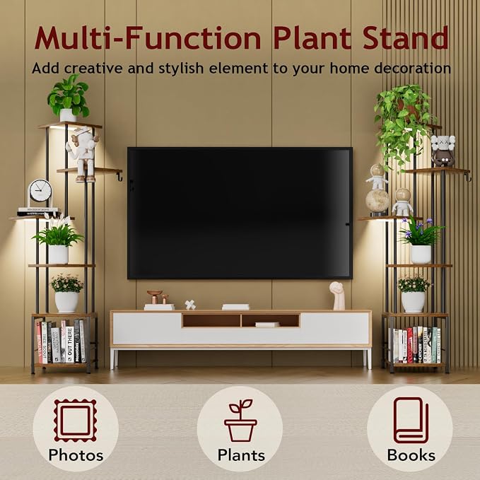 Plant Stand Indoor with Grow Light - 6-Tier Metal Plant Shelf with Hanging Basket Hook, Corner Tall Flower Holder for Multiple Plants, Living Room Balcony Garden Patio, Rustic Brown