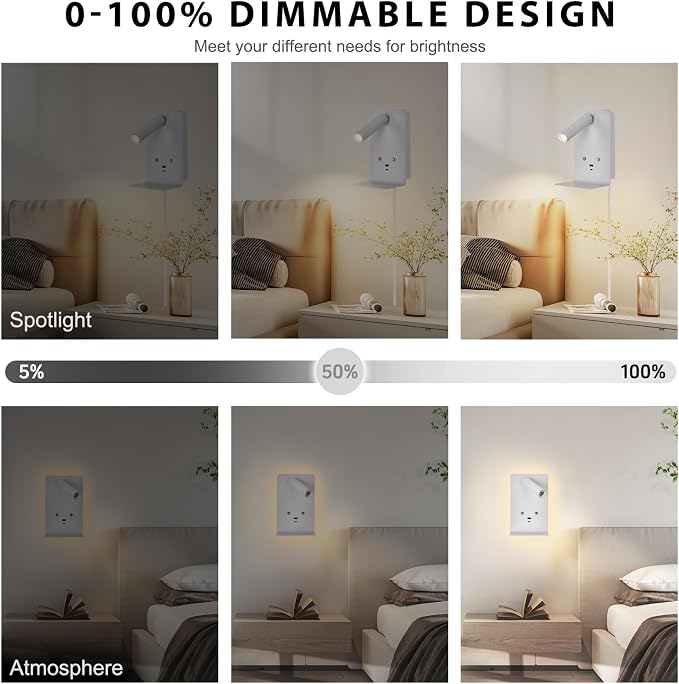 ZEROUNO Touch Dimmable Wall Mounted Reading Light Set of 2, Plug in Bedroom Bedside Lamp Wall Mount Sconce, White Corded Headboard Reading Lamp with USB C+A Charging Ports for Bed Side Room