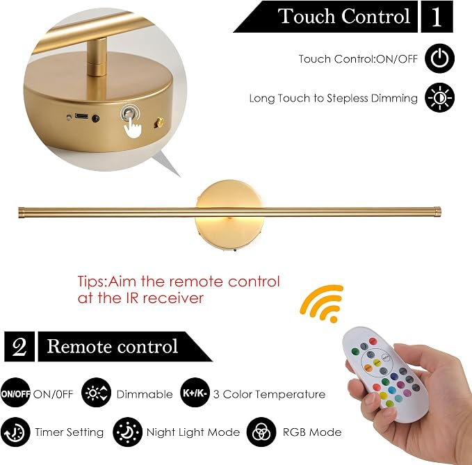 KARTOOSH Battery Operated Wall Sconces Set of Two Wireless Wall Lights | Rechargeable Wall Sconce with Remote 350°Rotate Dimmable RGB 3CCT LED Wall Lamp for Living Room, Bedroom