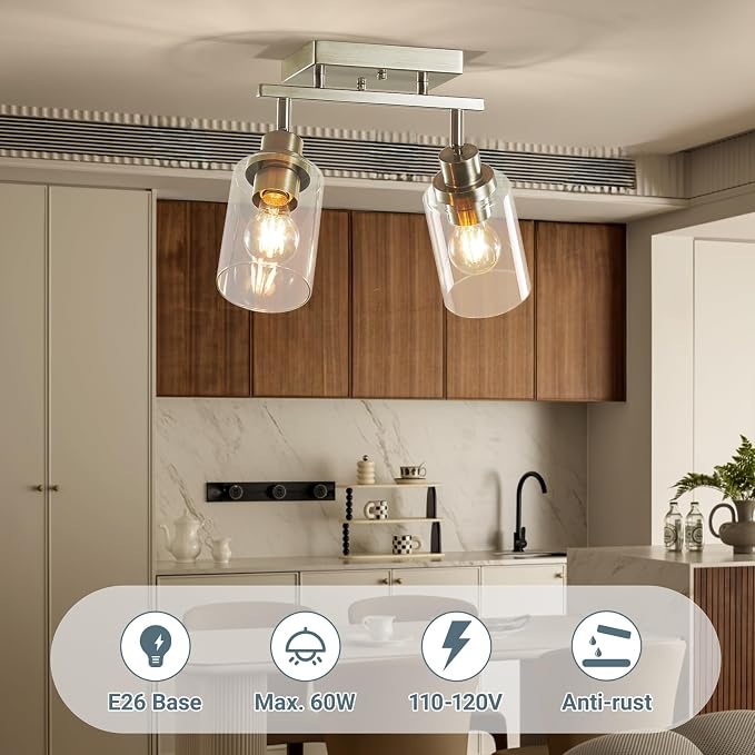 LOUSACE 2 Light Brushed Nickel Bathroom Vanity Track Light Fixtures Ceiling Mount Kitchen Track Lighting Kit with Clear Glass Shade, Modern Wall Ceiling Rotatable Tracking Light Heads for Accent Shop
