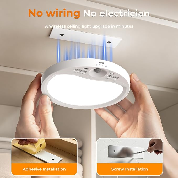 TANBABY Rechargeable Motion Sensor Ceiling Light Indoor with Remote | Wireless LED Shower Light, 8000mAh Battery Long Lasting Closet Light, 3 Color Dimmable, Timer, No Wiring for Hallway Pantry