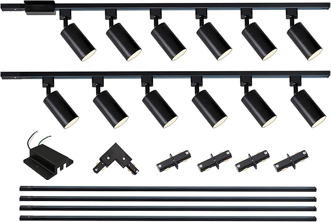 12-Light LED Track Lighting Kit with 13.2FT H Type Track Lighting Rails and Floating Canopy Connector, Modern Kitchen GU10 Track Lighting Fixtures Ceiling Spot Light, Black (No Bulbs)