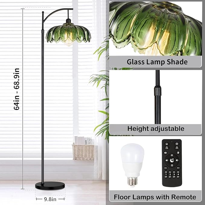ILLMTW Glass Floor Lamp for Living Room,Bedroom,Mid Century Modern Standing Lamp with Remote,Dimmable Black Tall Lamp Lamp Vintage Retro Arc Floor Lamps Flower Floor Light Boho Bohemian