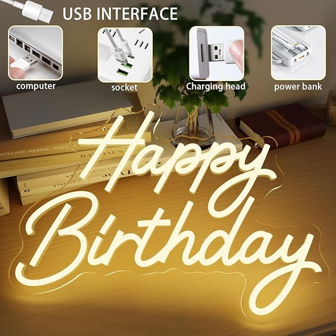 Happy Birthday Neon Sign for Wall Decor, LED Happy Birthday Light Up Sign with 10 Pcs Ballons, Dimmable Happy Birthday Lights Signs for All Birthday Party Decorations Backdrop, Warm White