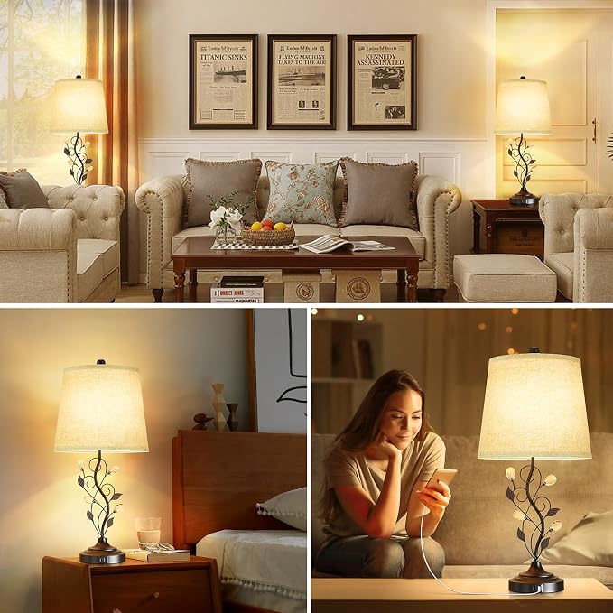 Sheetea 24.5’’ Table Lamps Set of 2 for Bedroom Living Room Bedside, Black | 2 USB Charging Ports, Farmhouse Rustic Style, Unique Leaf Design, Perfect for Bedrooms Nightstand End Tables Decor