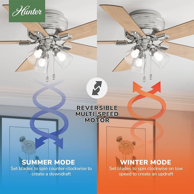 Hunter 52 inch Indoor Ceiling Fan with LED Lights and Pull Chain - Low Profile Flush Mount Ceiling Fan, 5 Blades, For Bedroom, Living Room, or Kitchen, Quiet - Crestfield 54209, Brushed Nickel | with LED Lights and Pull Chain, Low Profile Flush Mount, ...