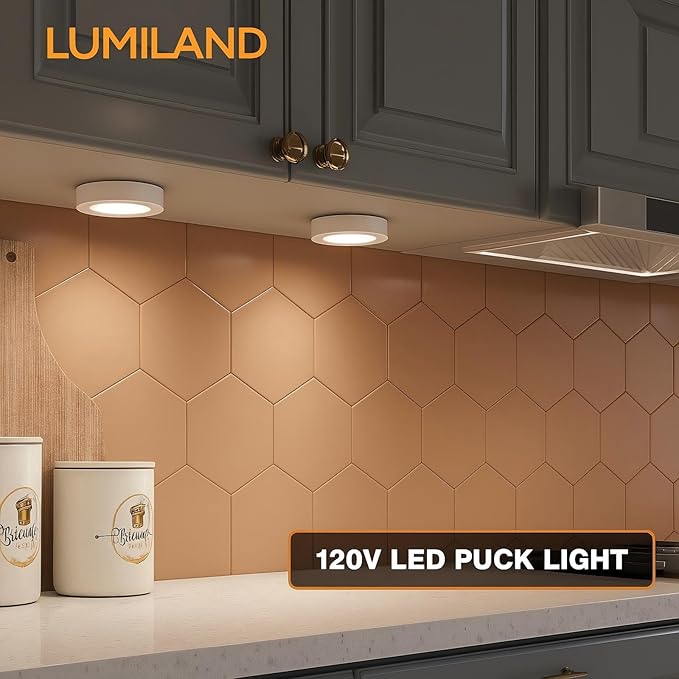 LUMILAND Wired LED Puck Lights (2.7Wx3) Plug-in Lighting Natural White (4000K), LED Cabinet Light for Kitchen Can Be Surface Mount or Recess Mount, White