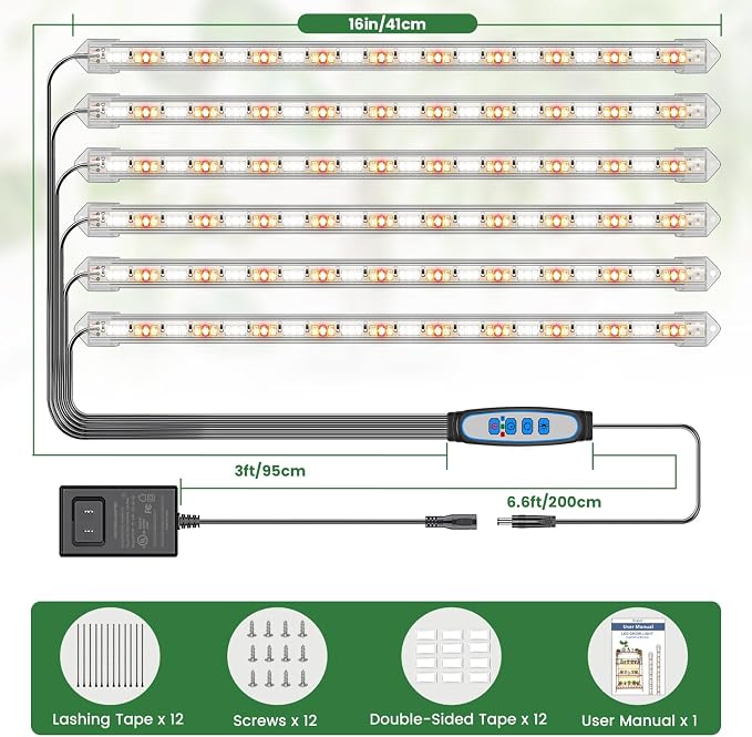 Kullsinss 16in Grow Light Strips for Indoor Plants, 6000K 24W Full Spectrum | 6-Bar 360 LEDs Plant Light with 6/12/16H Auto Timer, 5 Dimmable Levels, Under Cabinet Grow Lamp for Seedling, Greenhouse