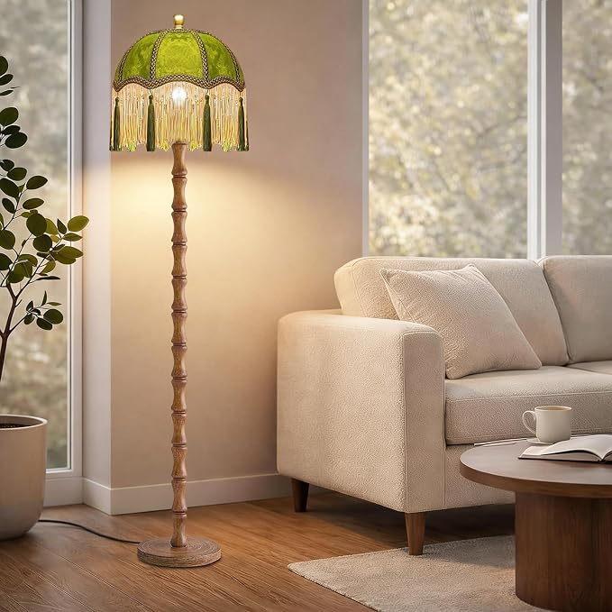ILLMTW Vintage Floor Lamp for Living Room,Bedroom,Dimmable Standing Lamp with Remote,Green Mid Century Gold Tall Lamp Boho Retro Floor Light Wood Fringe Tassel Flower Unique Tiffany Victorian Decor