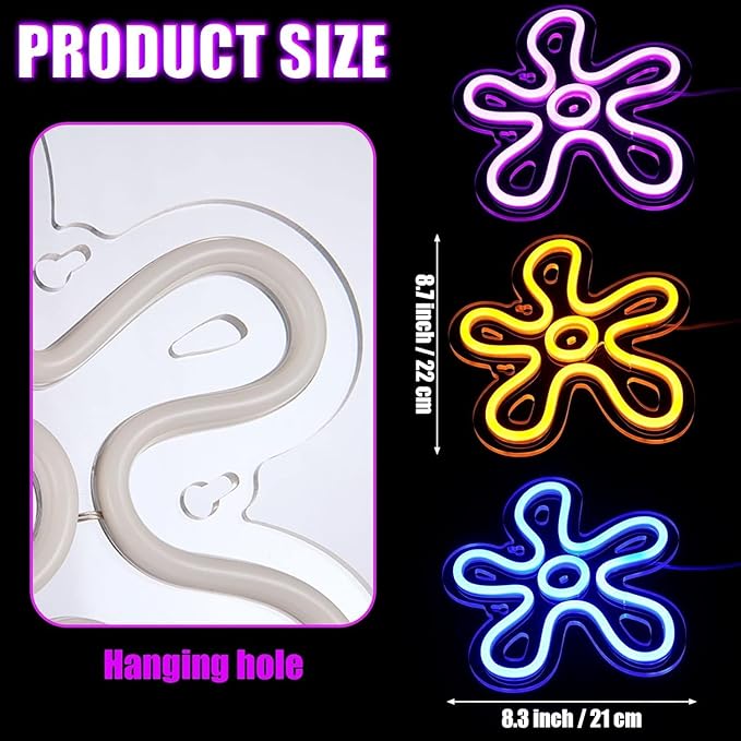 3 Pcs Flower Neon Sign LED Light Signs Retro LED Signs Flower Shaped Sign Purple Blue and Yellow Neon Sign for Bedroom Home Wall Decor Birthday Wedding Party Decorations Kid's Gifts