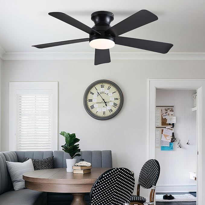 46 inch Ceiling Fans with Lights, Black Flush Mount Ceiling Fan with Remote, 3CCT, LED Dimmable, Reversible, 6 Fan Speeds, Quite Low Profile Ceiling Fan with Lights Modern Bedroom Kitchen Indoor