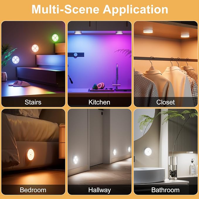 HOMEBEST RGB Puck Lights with Remote & Motion Sensor – 1500mAh Rechargeable Under Cabinet Lighting for Kitchen, Closet & Stairs – 13 Colors, Magnetic Stick-On Lights, 6 Pack