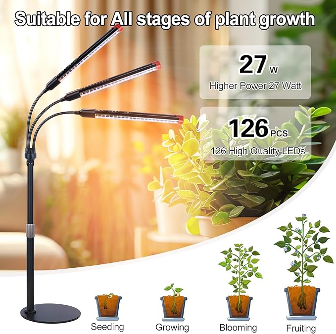 3Head Tabletop Grow Lights for Indoor Plants, Seed Starting, Vegetables, Bonsai, Bright Desk Plant Growing Lamps, 4/8/12/16/20H Timer, 27 Watt Power Draw, NO Need Adapter, 360° Gooseneck