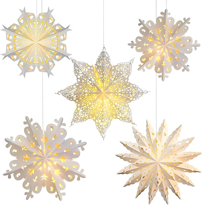 Mudder 5 Pieces Large Christmas Snowflake Paper Lantern with 7 Light 23.6/17.7 Inch Star Paper 3D Hanging Lantern Lamp Party Decoration for Weddings Holiday Xmas Trees(Cute Style,White)