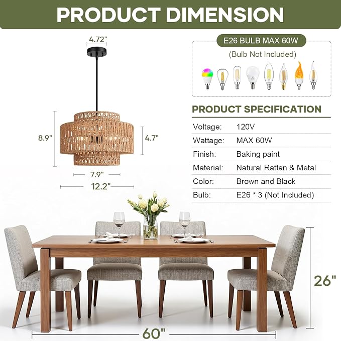 6"-41" Height Adjustable Farmhouse Chandelier Light Fixture, 3-Light Rattan Boho Chandeliers for Dining Room, Hand Woven Pendant Light with Linen Shade, Rustic Hanging Lighting for Kitchen Island