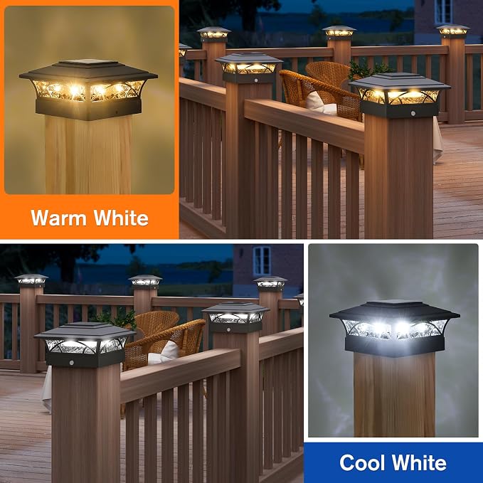APONUO Solar Post Cap Lights 16 Pack - 4x4 5x5 6x6 Fence Post Lights, Auto On/Off, Waterproof IP64, 2-Mode (Warm/Cool White), Deck Patio Yard Solar Light for Wood & Vinyl Posts, Black