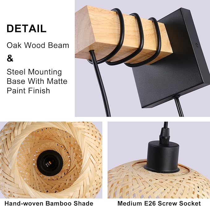 Farmhouse Rattan Plug in Wall Sconces, Rustic Hand-Woven Bamboo Shade & Wood Beam Wall Light Fixtures, Rattan Bamboo Wall Lamp for Bedroom Bedside, Living Room Wall Art Decor(No Bulbs)