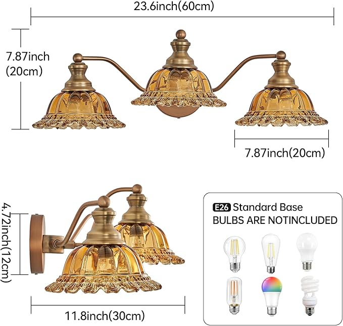 Tea Glass 3 Light Vanity Light Colored Glass Bathroom Light Fixture Vanity Lighting Fixtures