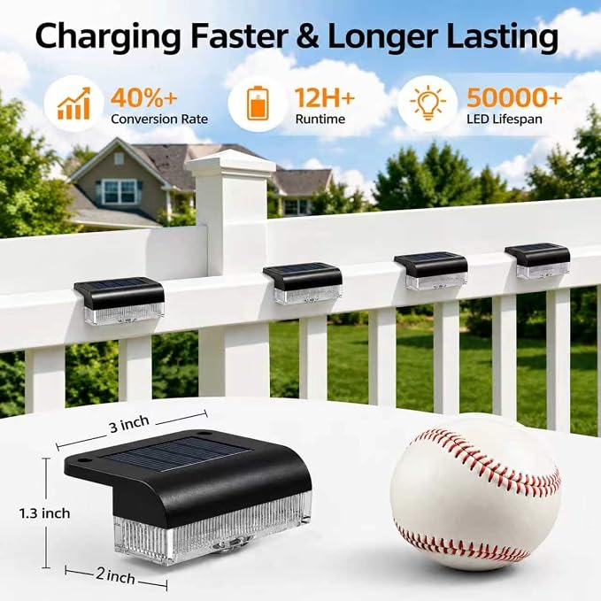 16PK Solar Fence Lights Outdoor Waterproof, 12H Step Lights for Yard | IP55 Waterproof, 12H Runtime, 50LM Bright, for Stairs Deck Patio Fence