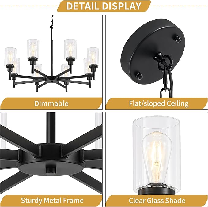 28.34'' Large Chandelier Dining Room Light Fixtures, 8-Light Modern Black Chandeliers Over Table, Living Room Lights Farmhouse Chandelier for Entryway Foyer Bedroom