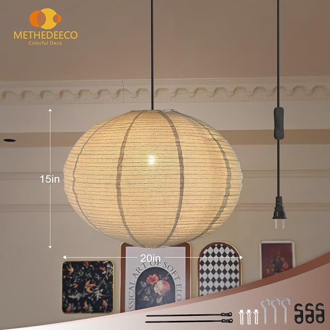 METHEDEECO Plug in Linen Pendant Light, 20 Inch | Hanging Lantern Lamp, 18 FT Cord, E26 Socket, Japanese Wabi-Sabi Handmade Fabric Shade, Bulb Not Included
