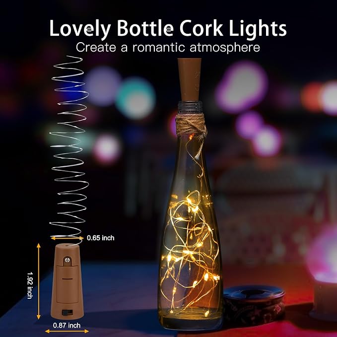 Brightown 10 Pack 7ft Battery Operated Wine Bottle Lights with Cork | 20 LED Bulbs, Warm White Glow, Waterproof, Flexible Silver Wire, Lovely for Liquor Bottles DIY Party Christmas Wedding Décor