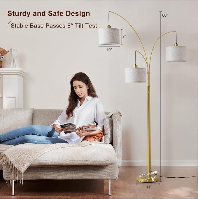 Dimmable Floor Lamp with Remote, Beige Shade Gold Pole | 2400LM Super Bright, Independently Controlled 9W LED Energy-Saving Light Bulb, 80" Tall Lamps for Living Room