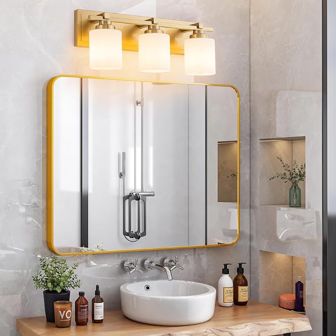 Modern Bathroom Light Fixtures Over Mirror, Vanity Lights for Bathroom Wall Sconces with Milky White Glass Shades, E26 Socket (Bulbs Not Included), 3 Light, Brass