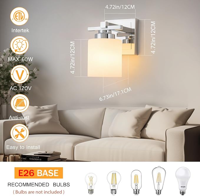 Modern Bathroom Light Fixtures Over Mirror, Vanity Lights for Bathroom Wall Sconces with Milky White Glass Shades, E26 Socket (Bulbs Not Included), 1 Light, Chrome