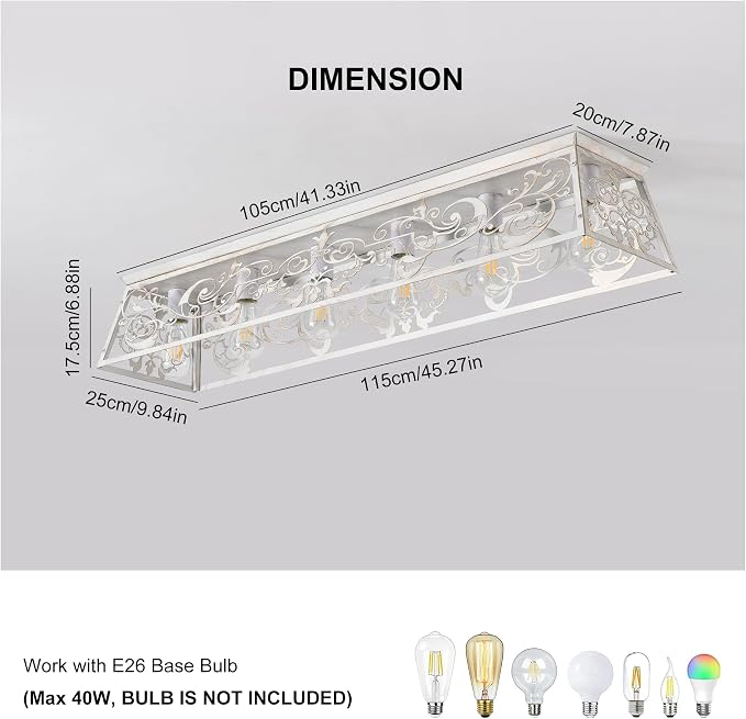 Garwarm 45 Inch 6-Light Rectangular Chandelier, Flush Mount Ceiling Light | Modern Dining Room Light Fixture, Kitchen Ceiling Light for Long Dining Tables, Kitchen Islands, Living Rooms Large Spaces
