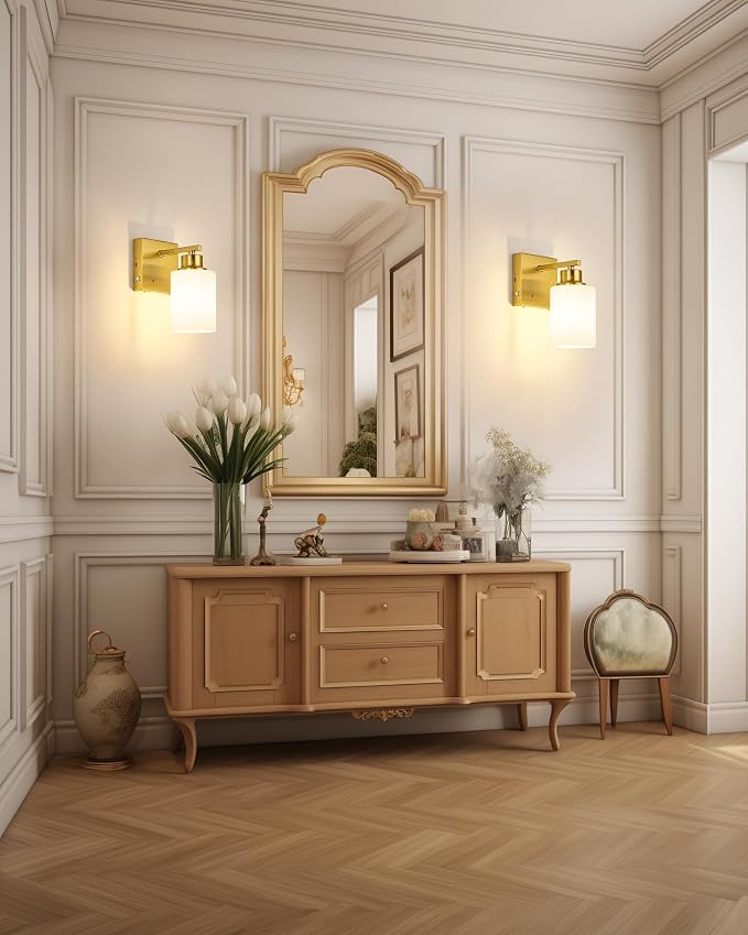 Wall Sconces Battery Operated Set of Two, Modern, White Glass, Gold | Dimmable, Easy Install Rechargeable Wall Lights with Timer Remote for Living Room Bedroom, Emergency 3000K