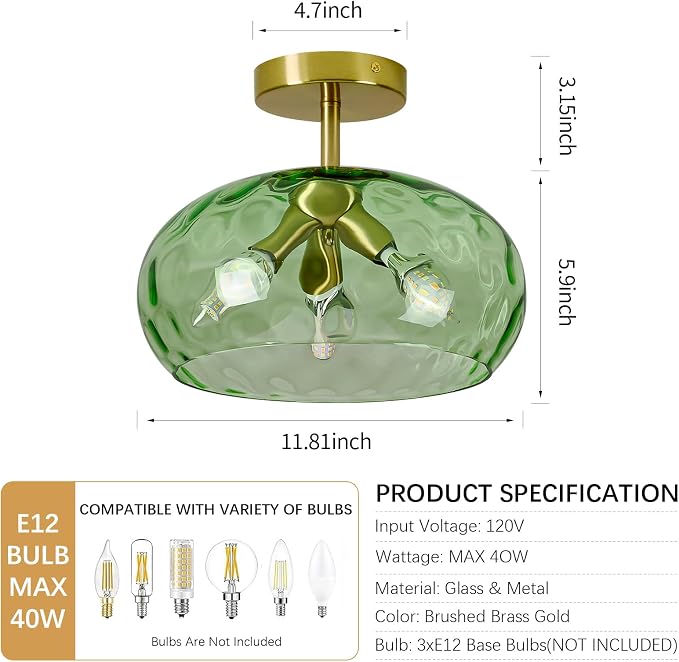 Vintage Semi Flush Mount Ceiling Light ,12″ Art Deco Green Hammered Glass | Gold,Mid Century,Whimsical,MCM,Unique Cute Retro Light Fixtures for Girls Bedroom,Entryway Laundry Room Kitchen Closet Foyer
