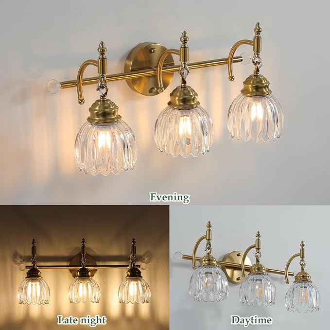 3 Light Vintage Vanity Light,Gold Brass Bathroom Light Fixture with Flower Clear Glass Shades,Bathroom Wall Light Over Mirror,E26 Base,Bulbs NOT Included